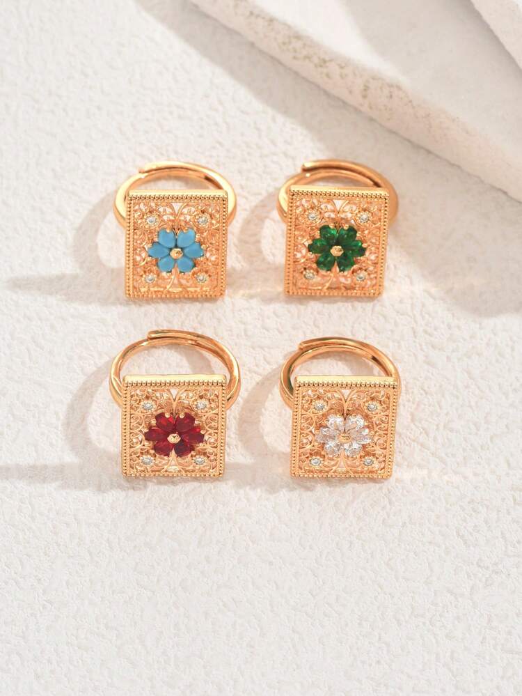 1pc Dubai Style Emerald Green Hollow Square Zirconia Stone Ring, Middle Eastern Engagement/Anniversary Gift For Women - Yellow Gold - View 4