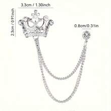 Elegant Gold Crown Brooch, Embellished With Rhinestones And A Chain – A Distinguished Suit Pin For Men's Weddings, Parties, And Formal Occasions. - Bạc - Xem 2