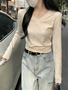 Áo lót dài tay cổ tròn xếp ly màu trơn dành cho nữ, thích hợp cho mùa thu sớm, phong cách thường ngày. - Màu be - Xem 7