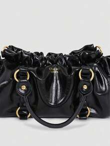 Medium Size Black Vintage Pleated Handbag, French Chic Rivet Sweet & Cool Design Commuter Bag, Suitable For Women, Students, Office Workers. Suitable For Daily Commute, Shopping, School, Travel - Black - View 4