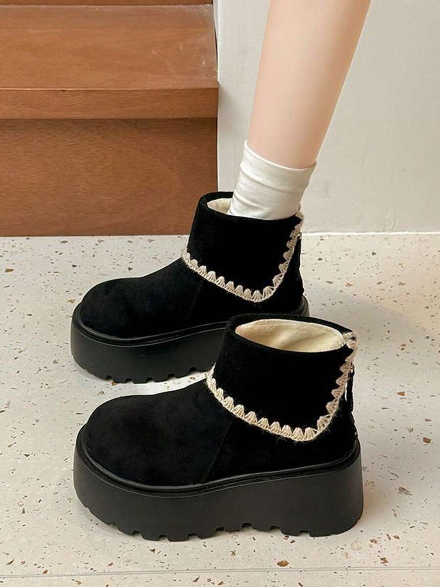 Women's Faux Suede Thick Sole Snow Boots, Women's Winter Shoes, Ankle-Length Design, Round Toe, Thick Lugged Sole, Black Fur Trim Casual Warm Winter Shoes, Suitable For Daily Wear