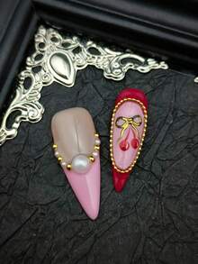 10片装DIY可爱巴洛克朋克铬金属光泽Y2K法式亚克力假指甲,包含粉色、红色、棕色、金色、豹纹长款尖头指甲,饰有3D美甲宝石、手工雕刻花朵、樱桃、金珠、金圈、手绘爱心、蝴蝶结等装饰,适合圣诞派对和日常佩戴,女士和女孩适用。套装包含凝胶贴纸、指甲胶水、指甲锉和美甲工具。 - 彩色 - 查看 6