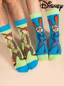 2/1 Pair Disney Zootopia Pattern Men's Crew Socks, Cute Cartoon Unique Disney Men's Socks With Nick Wilde Design, Odor-Resistant Breathable Casual Versatile Sports Crew Socks With Cartoon Pattern, Suitable For Students/Adults As Gifts And Daily Use, Couple Matching