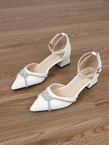 New Fashion Women's White High Heel Shoes, Thick Heel, Elegant Pointed Toe Pumps, Mary Jane Closed Toe Sandals, Clear High Heel Wedge Shoes, Suitable For Summer, Autumn And Winter - White - View 6