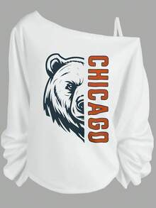 Summer Outfits For Women, Chicago Bear Graphic, Casual One Shoulder Long Sleeve Sweatshirt, Sporty Streetwear Style-Vacation Outfits Women, Theme Graphic Tees, Festival Wear, Fun Party - 白色 - 查看 1