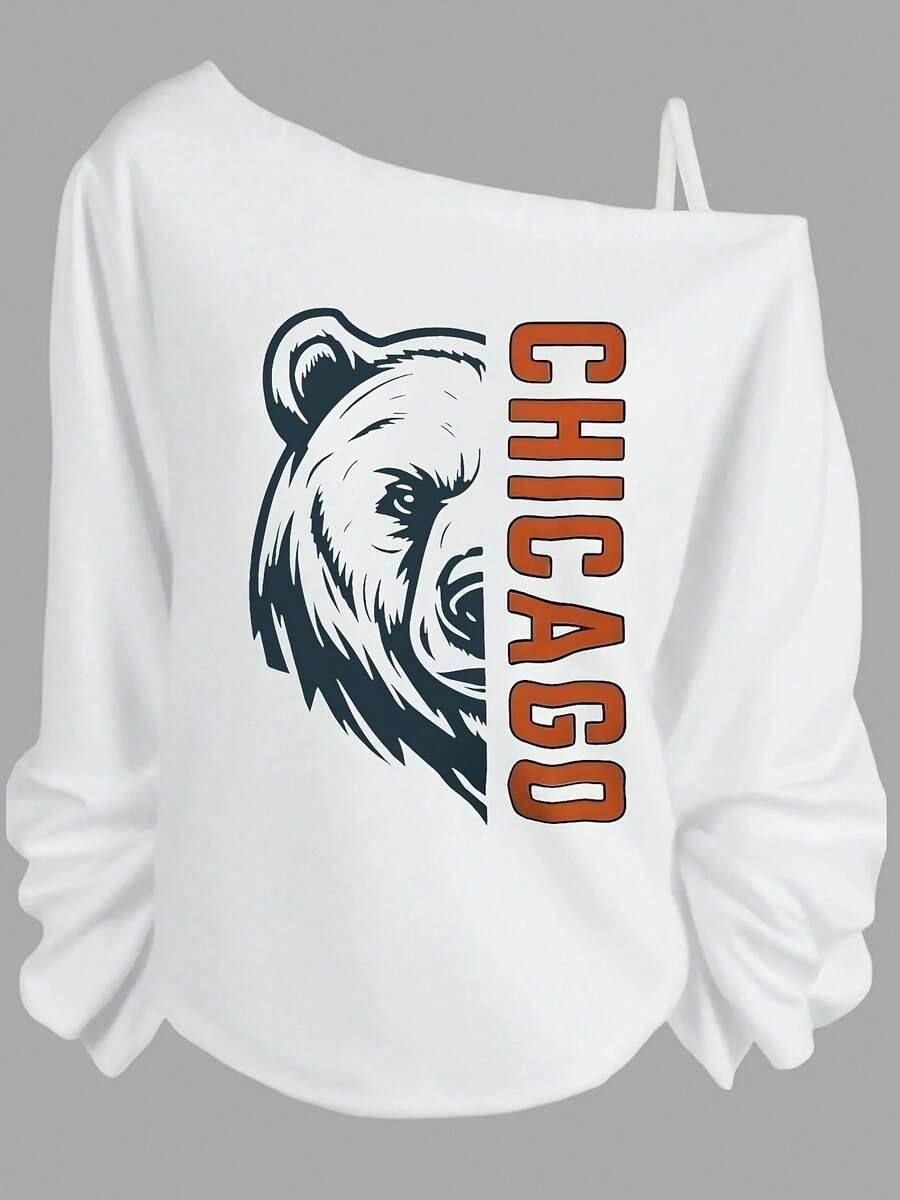 Summer Outfits For Women, Chicago Bear Graphic, Casual One Shoulder Long Sleeve Sweatshirt, Sporty Streetwear Style-Vacation Outfits Women, Theme Graphic Tees, Festival Wear, Fun Party - 白色 - 查看 1