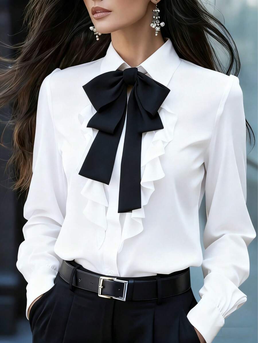 Women's Elegant Long Sleeve Blouse, White Tie Collar With Ruffle Detail And Black Bow Accent, Regular Fit Top, Suitable For Work, Spring, Autumn - White 1 - View 1