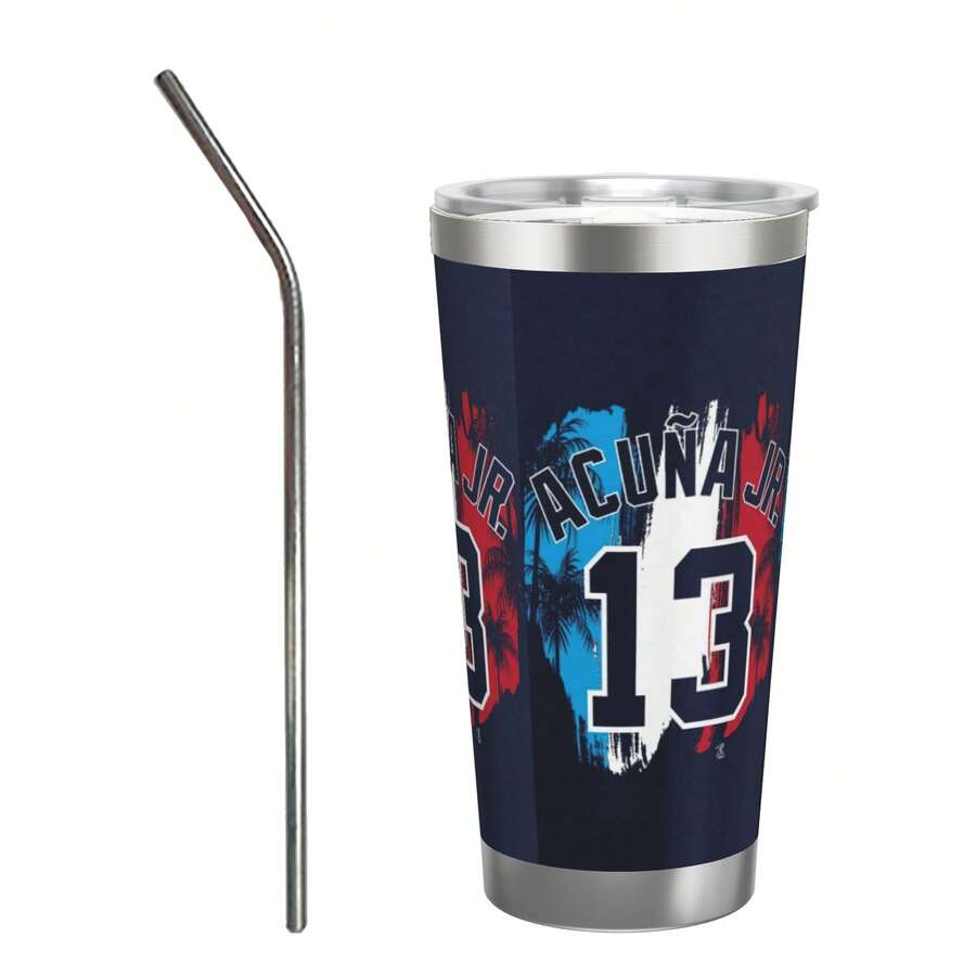 304 Stainless Steel Double Silver Edge Vacuum Insulated Drum 340g - Reusable Travel Cup With Stainless Steel Straw - This Is A Stainless Steel Water Cup About The Ronald Acuña Jr Theme - Leak Proof, Sweat Proof, Can Maintain Hot And Cold Temperatures For Hours, Frees Of Bisphenol A, Suitable For Car Cup Holders, Very Suitable For Match Days, Sports Events, Commuting, Office Rest And Outdoor Activities, Durable Double Wall Structure Fashionable Fan Gift - Silver - View 1