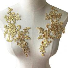 Mirror Pair Lace Applique With Sequin Corded Flower Embroidery Lace Motif Dress Patches For Craft Projects (Gold) - Gold - View 2