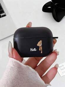 情人节礼物 - 黑色哑光创意 Hello Bear 图案 UV 印刷耳机保护套，防摔，简约时尚，适用于 Pro3/Pro2/Pro4/3/2/1