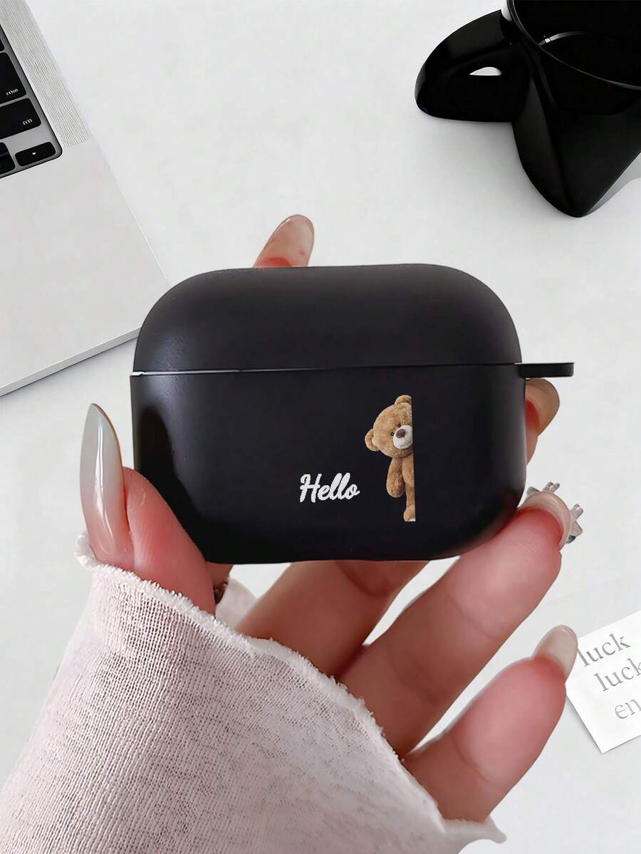 情人节礼物 - 黑色哑光创意 Hello Bear 图案 UV 印刷耳机保护套，防摔，简约时尚，适用于 Pro3/Pro2/Pro4/3/2/1
