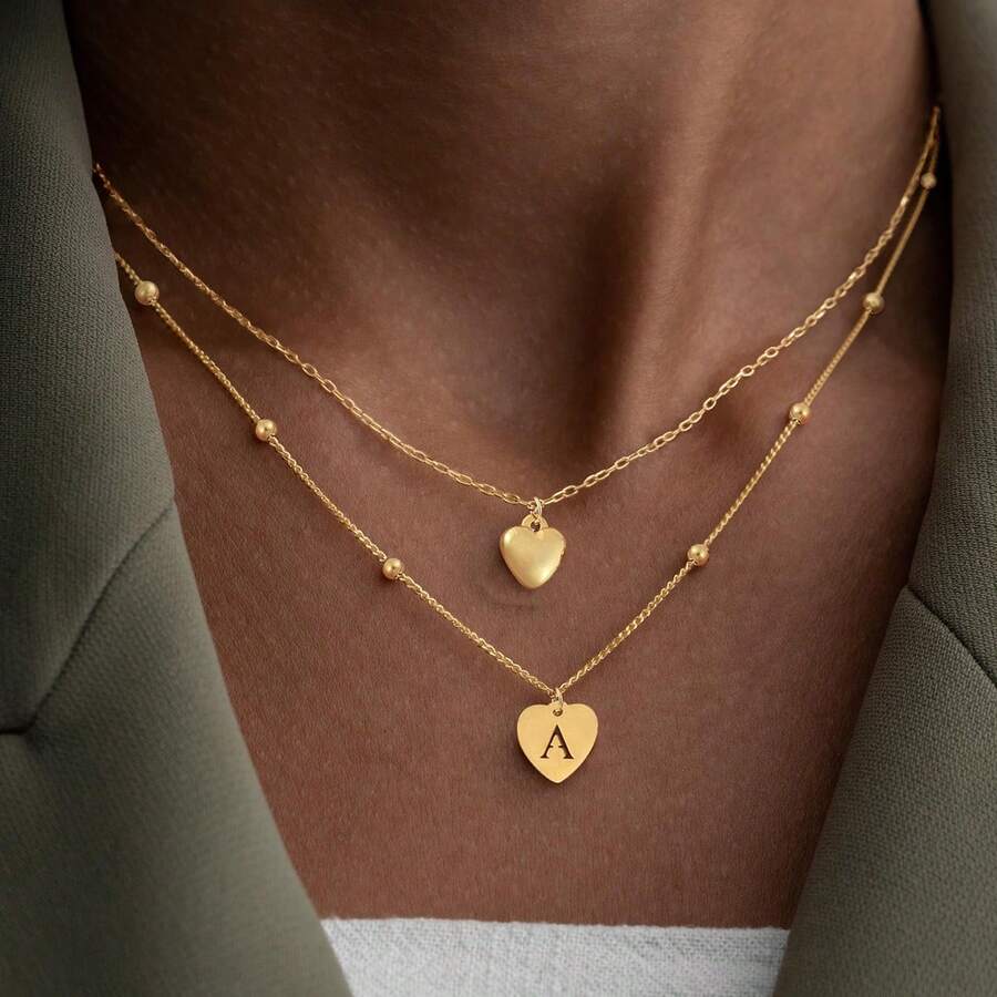 2Pcs/Set New Classic Heart Shape Hollow Initial Heart Pendent Golden Stainless Steel Bead Choker Layered Chain Necklaces For Women