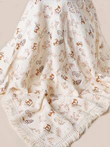 1pc Unisex Soft Gauze Baby Blanket With Bunny/Squirrel Print - Tassel Edge Breathable Stroller Crib Wrap