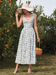 PARTHEA Elegant Women's Long A-Line Dress With V-Neck And Ruched Backless Smocking Bust Shirred Flared Hem Non-Stretch Fabric For Casual Style - Blue and White - View 8