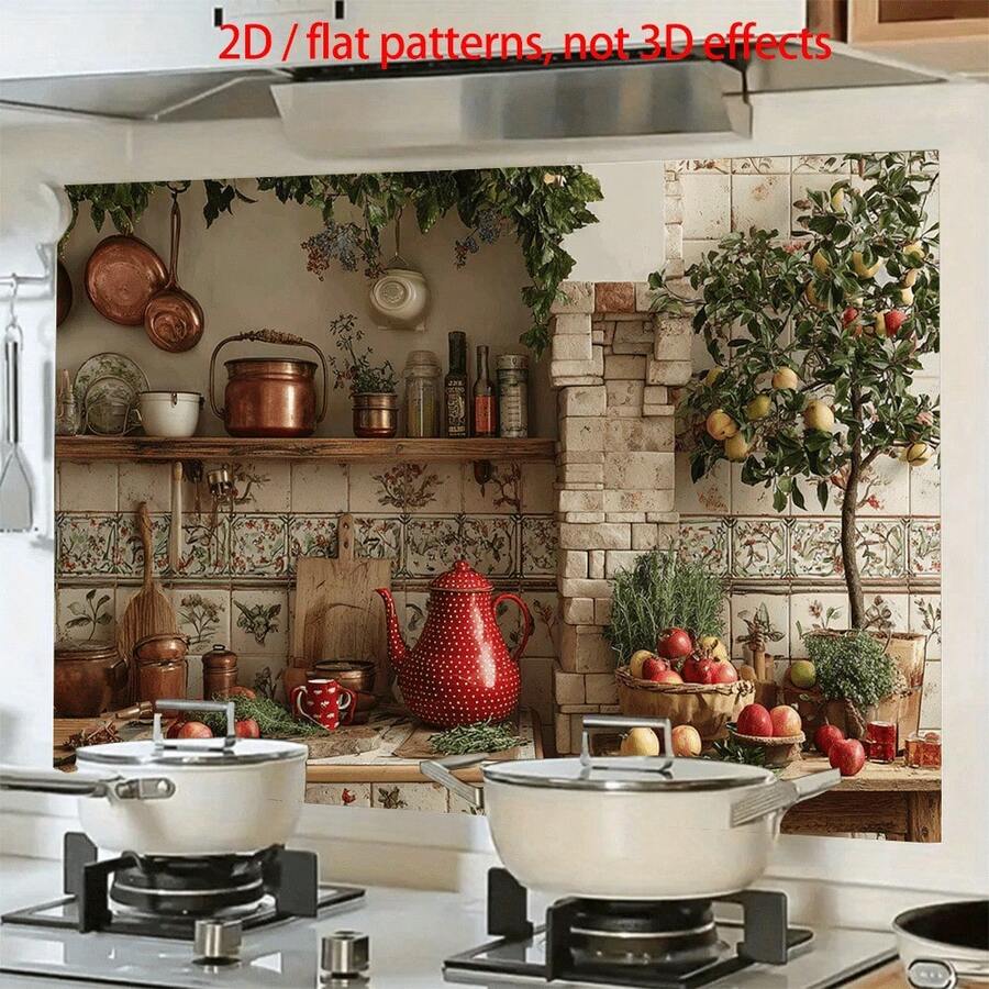 1-Piece Minimalist Kitchen Wall Sticker Features A Stone Wall Paired With Wooden Cabinets, Displaying Ceramic Jars And Fruit, Exuding A Rustic Charm. Easy To Apply And Durable, Made From High-Quality PVC Material. 2D Flat Design. - Multicolor - View 1