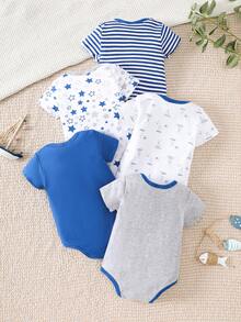 Set Of 5 Triangular Baby Rompers, Made Of Cotton With A Nautical Anchor Print, Soft And Comfortable, Ideal For Outdoor Use And Everyday Wear At Home. - Azul - Ver 2
