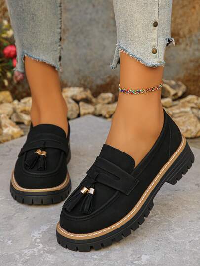 New Women Loafers Thick Sole Fashion Versatile Leather Upper Slip-On Round Toe Shoes, Black, Suitable For Spring & Autumn