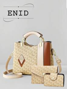 复古印花小方包，时尚百搭优雅女士手提包三件套，单肩包和斜挎包 - 玫瑰金 - 查看 12