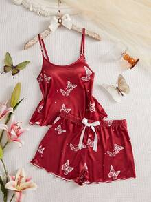 两件套女士吊带睡衣套装，含短裤，蝴蝶印花和荷叶边下摆设计，透气面料，适合休闲度假和居家穿着。 - 酒紅色 - 查看 1