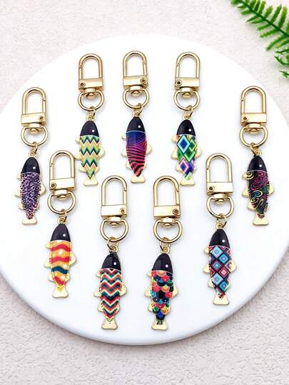 1个/9个珐琅鱼形钥匙扣，锌合金动物钥匙圈，女士背包汽车钥匙链，复古鱼形钥匙扣，波西米亚风旅行配饰，优雅钥匙扣。小饰品，包包挂饰，钥匙扣，钥匙圈，钥匙链配件，朋友礼物，节日礼物，活动纪念品，派对小礼物。