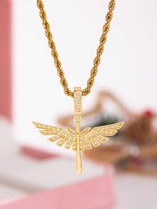 1件时尚铜合金锆石天使翅膀十字架吊坠项链，适合旅行、派对、聚会、装饰。