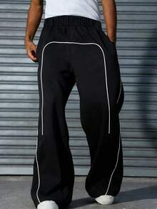 1pc Teen Boy/Teens Minimalist Line Pattern Casual Straight Leg Pants, Easy Care - Black - View 6