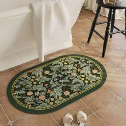1pc Oval Dark Green Leaf & Flower Pattern Bathroom Mat, Bathroom Rug, Bathroom Carpet, Door Mat, Small Rug, Carpet, Floor Mat, Home Decor, Area Rug, Outdoor Mat, Home Decor, Area Carpet, Bedroom Carpet, Washable Rug