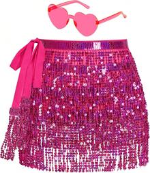 Sequin Belly Dance Scarf Tassel Wrap Sparkly Fringe Skirt With Pair Heart Party Rave Costume Women - 玫紅色 - 查看 12