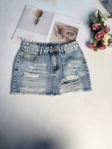 女士休闲水洗破洞迷你牛仔裙，直筒版型，无弹力，适合夏季穿搭 - 藍色 - 查看 4