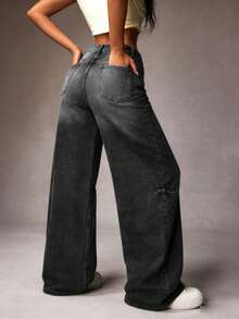 Women's Casual Denim Jeans (Couple Style - Wide Leg Pants), Spring Fashion Denim Pants Suitable For All Seasons, Oversized Charcoal Gray, High Waist, Full Length, Casual Outdoor Pants, Multi-Functional Daily Wear, Valentine's Day Essential Women's Fashion Jeans Single Item Gift, Suitable For Family Leisure, Slimming For Teenagers To Adults, Minimalist Design, Durable Jeans - 深灰*升級旗艦款 - 查看 2