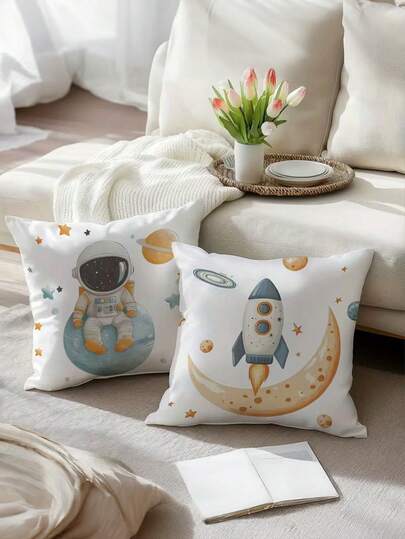 1/2/4pcs Space Adventure Themed Pillowcase, Perfect For Kids' Rooms. Features Cartoon Astronauts And Rockets, Zip Closure, Polyester, 17.7 Inches X 17.7 Inches, Suitable For Modern Home Decor - Machine Washable, Pillow Insert Not Included, Decorative Pillowcase.
