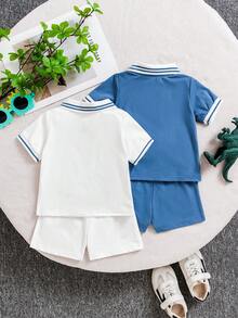 4件套夏季新款男婴恐龙印花Polo衫和休闲短裤套装 - 水鴨藍 - 查看 3