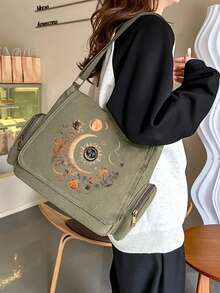 大容量单肩包，翻盖复古斜挎包，月亮、星星和花卉图案，艺术波西米亚风格，适合日常通勤、旅行，是馈赠佳品。 - 多色 - 查看 5