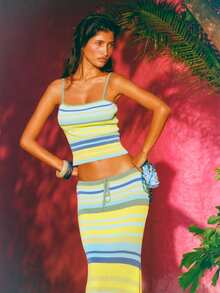 Women's Two-Piece Skirt Set, New For Summer, Featuring A Striped Sleeveless Camisole Top And A Slim-Fitting Long Skirt, Perfect For Y2K-Style Vacation And Casual Outings. - 黃色 - 查看 6