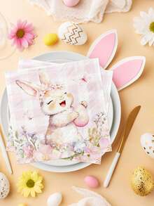 20张复活节快乐午餐餐巾纸，粉色格子图案，印有可爱的兔子和彩蛋，复活节派对用品，一次性兔子午餐餐巾纸，适合春季节日生日、婴儿派对、晚餐、厨房和浴室使用。 - 彩色 - 查看 3