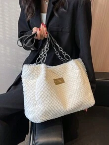 柔软亲肤女士手提包；现代菱形图案单肩包，休闲百搭的都市通勤风格，简约品牌标识，大容量通勤包，适合购物和通勤，秋冬系列 - 白色 - 查看 4