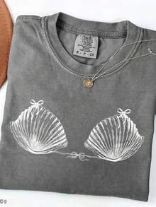 2026 Women's Washed Cotton T-Shirt Comfortable Color Retro 90s Shell T-Shirt, Ocean Enthusiast T-Shirt, Travel T-Shirt, Mermaid T-Shirt, College Style Coastal Aesthetic T-Shirt, Sweet Bow Beach T-Shirt, White Tops, Valentine's Day Outfit, Mardi Gras, Summer Tops,   For Women, Valentine Outfits For Women - 灰色 - 查看 1