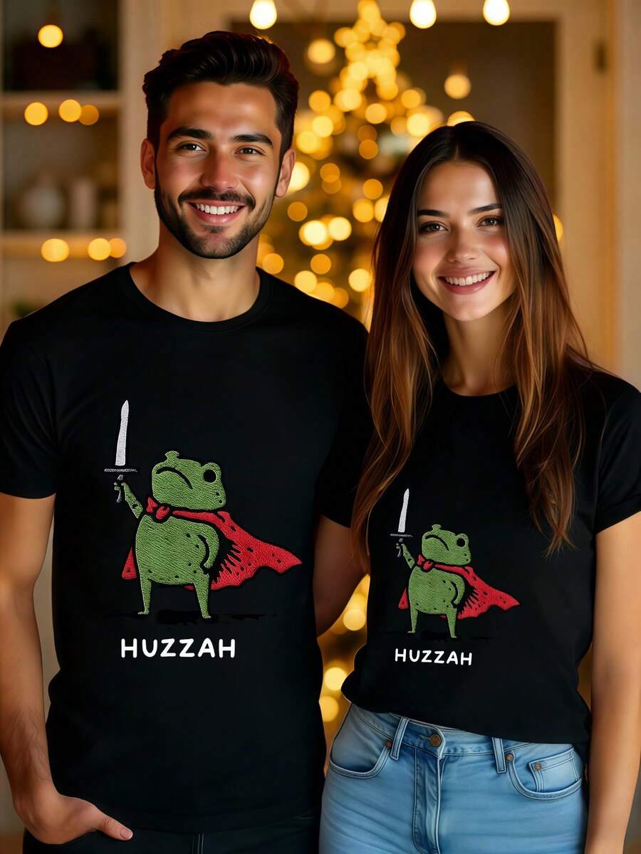 The Valiant Frog Wielding A Sword With The Word Huzzah Showcasing Joy And Triumph 1pcs Unisex Tshirt Valentine's Day Valentine Outfits For Women/Men Couple 100% Cotton Vacation Outfits Women/Men Streetwear Summer - 黑色 - 查看 1