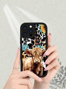 Cute Highland Cow Sunflower Turquoise Leopard Print Phone Case For IPhone 17 16 15 14 13 12 11 7 X,New Thickened Shockproof Scratch-Resistant Case With Comfortable Matte Feel,Western Farmhouse Style Protective Cover - 黑色 - 查看 3