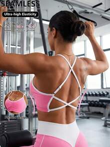 Women's Solid Color Cross-Back Strap Sexy Sports Bra, Pink - Pink - View 1