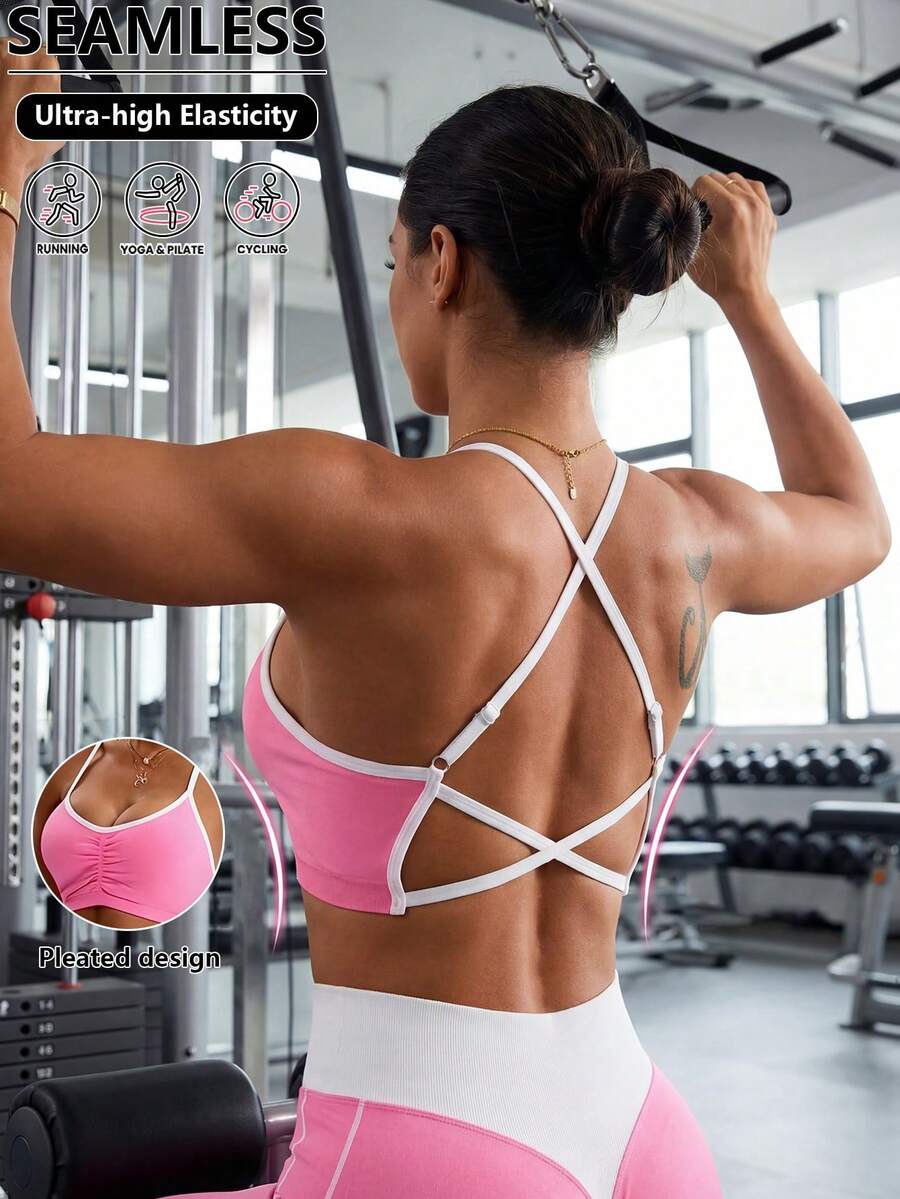 Women's Solid Color Cross-Back Strap Sexy Sports Bra, Pink - Pink - View 1