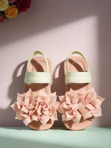 2026 Spring Summer Oxygen Sweetheart Limited Edition [Girls 3-12 Years Soft Sole First Walkers][Toddler Infant] Pink Green Color Block <3D Layered Floral> Design Light Green Elastic Strap Skin-Friendly Soft Lining Non-Slip Cushioned Flexible Sole Open Toe Elastic Heel Design Flat Fresh Sweet Oxygen Girl Style [Kids Flower Sandals][Girls Flat Fashion Shoes] For School Afternoon Tea Summer Outings Multi-Scene Wear - Apricot - View 5