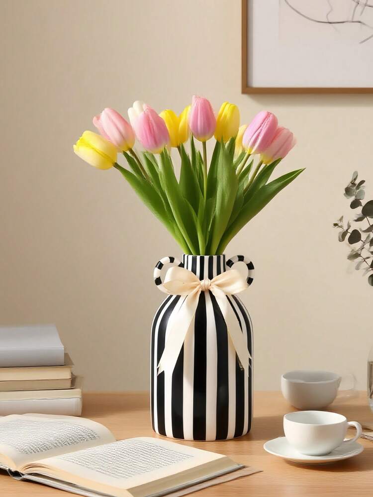 1pc Handpainted Ceramic Vase - Unique Dual-Ear Striped Design, Ideal For Hosting Home Dining Table Flower Arrangement And Decor, Beautiful Home Decor, Vase, Centerpiece, Dining Table Decoration - Multicolor - View 7