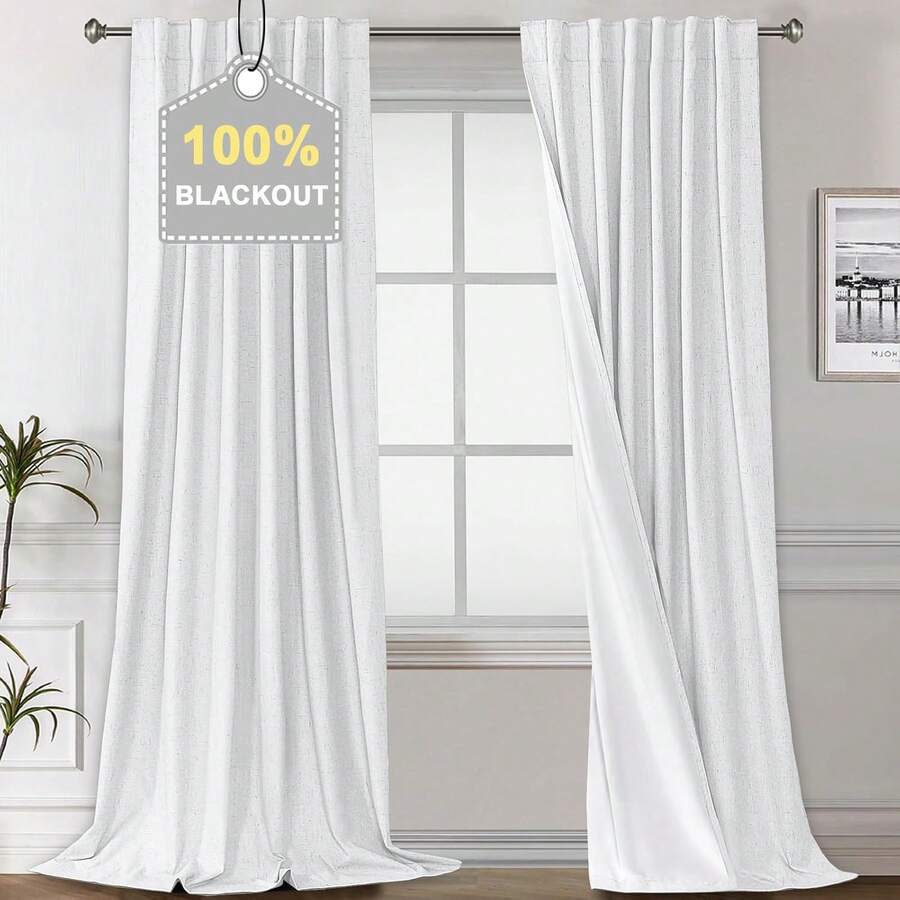 % Blackout Curtains Bedroom 84 Inches Long, Back Tab/Rod Pocket Faux Linen Blackout Curtains 2 Panels Thermal Insulated Curtains & Drapes Living Room, Decor, W52 X L84 - Pure White - 查看 1