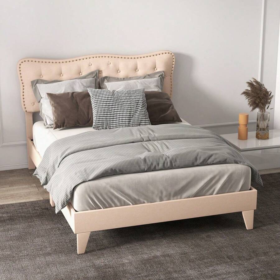 GOFLAME Double/King Size Bed Frame, Modern Linen Upholstered Platform Bed Frame With Button Tufted Headboard, Wooden Slats Support Mattress Foundation, Easy Assembly, No Box Spring Needed, Beige - 5FT King - View 1