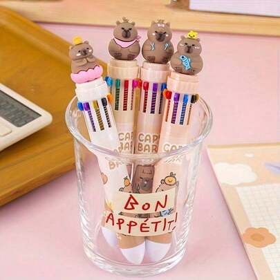 2pcs Adorable Capybara Animal Multi-Color Ballpoint Pens,10 Color In 1 Press Pointer Pens, Perfect For School & Gifts,Large-Capacity Multi-Layer Pencil Case,Back To School Supplies Essentials Office Supplies Valentine's Day Gifts