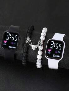 4pcs Heart-Shaped LED Digital Watch, Minimalist Square Unisex Sports Electronic Wristwatch