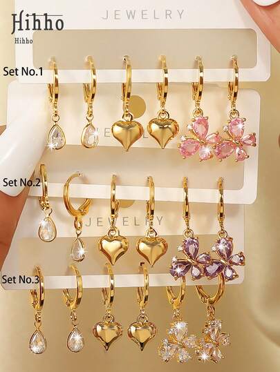 3 Pairs Heart & Butterfly Zirconia Earrings, Fashionable Colorful Inlaid, Versatile For Daily Wear, Gift For Girlfriend/Best Friend (Card Not Included)