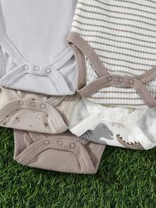Children's 5-Piece Triangular Jumpsuit Set, With Short Sleeves, Cartoon Stripe And Dinosaur Print, Soft And Comfortable, Ideal For Outdoor Activities. - Màu Khaki - Xem 6