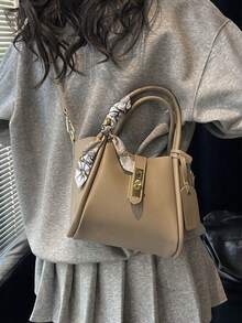 2pcs Spring New Fashion PU 2-Piece Bag Set, Women Handbag With Inner Pouch, Minimalist Commuting Shoulder Bag With Scarf Decor, Suitable For Ladies, Girls, Work Essential, Can Fit Phone, Wallet, Cosmetics - Khaki - View 6
